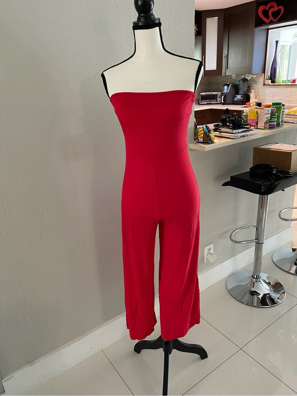 PrettyLittleThing Strapless Red Wide-Leg Jumpsuit